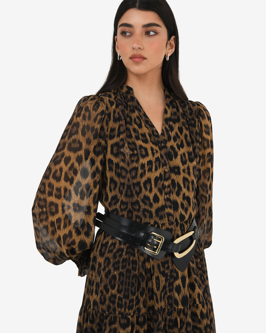 Shakira V-Neck Button Dress in leopard — close-up view