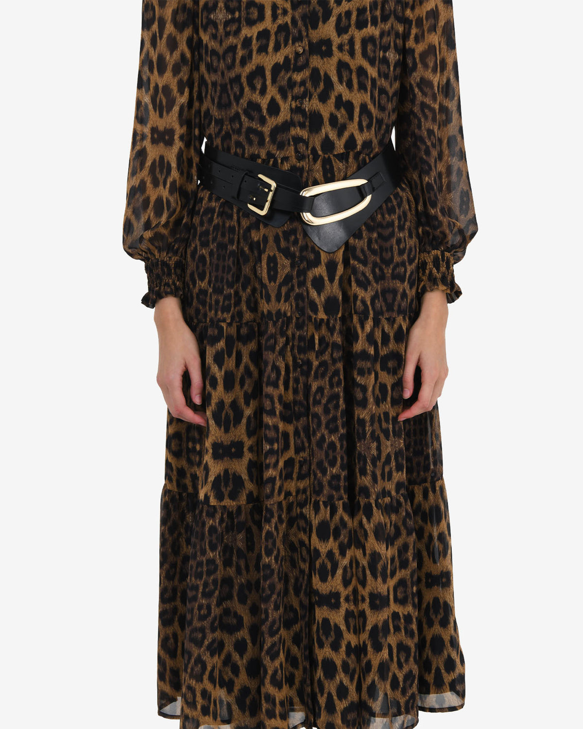 Shakira V-Neck Button Dress in leopard — close-up view 2