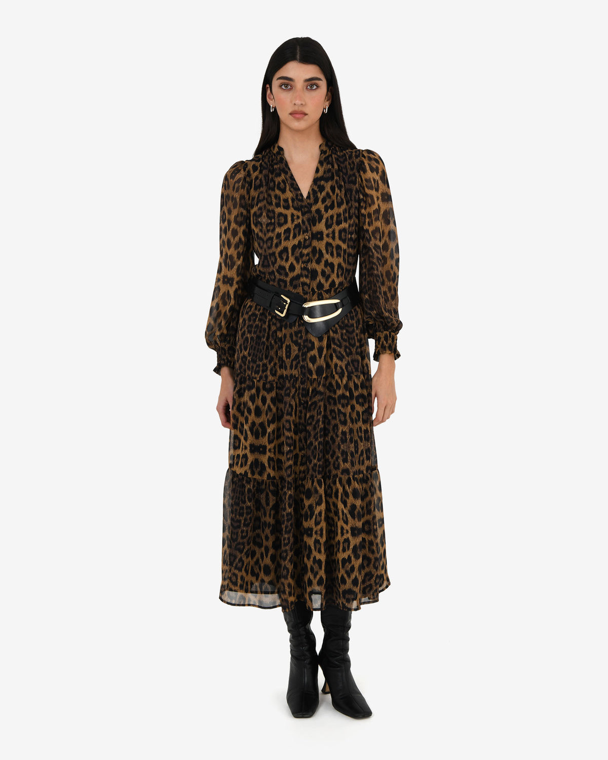 Shakira V-Neck Button Dress in leopard — full-length view