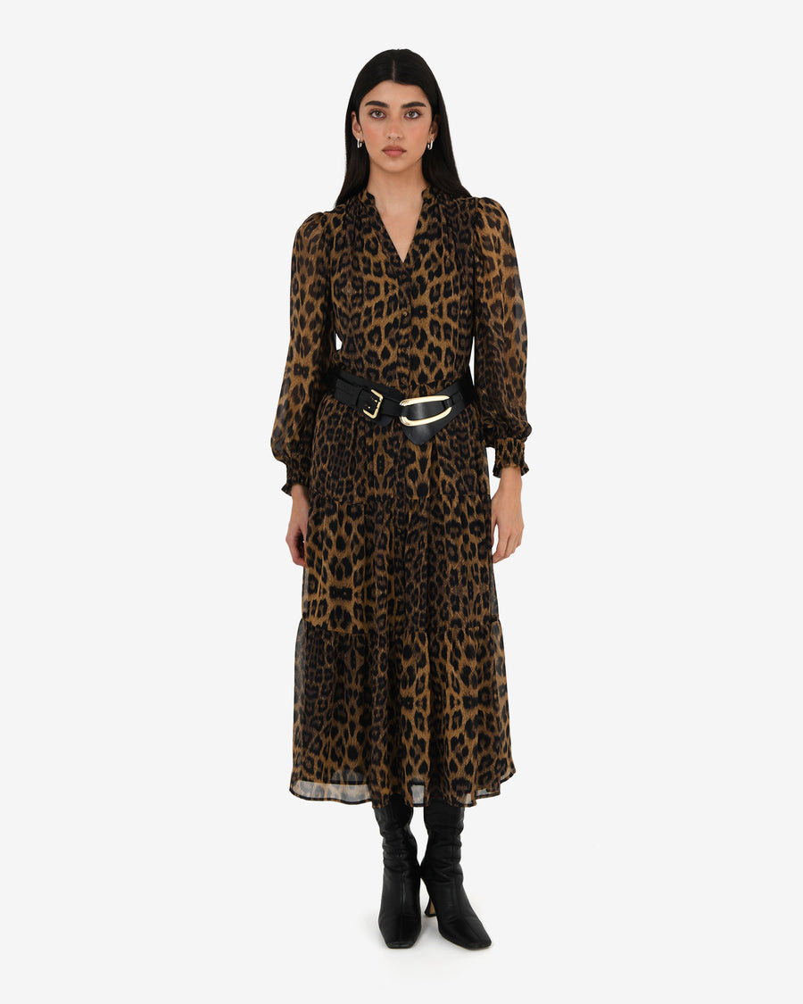 Shakira V-Neck Button Dress in leopard — full-length view