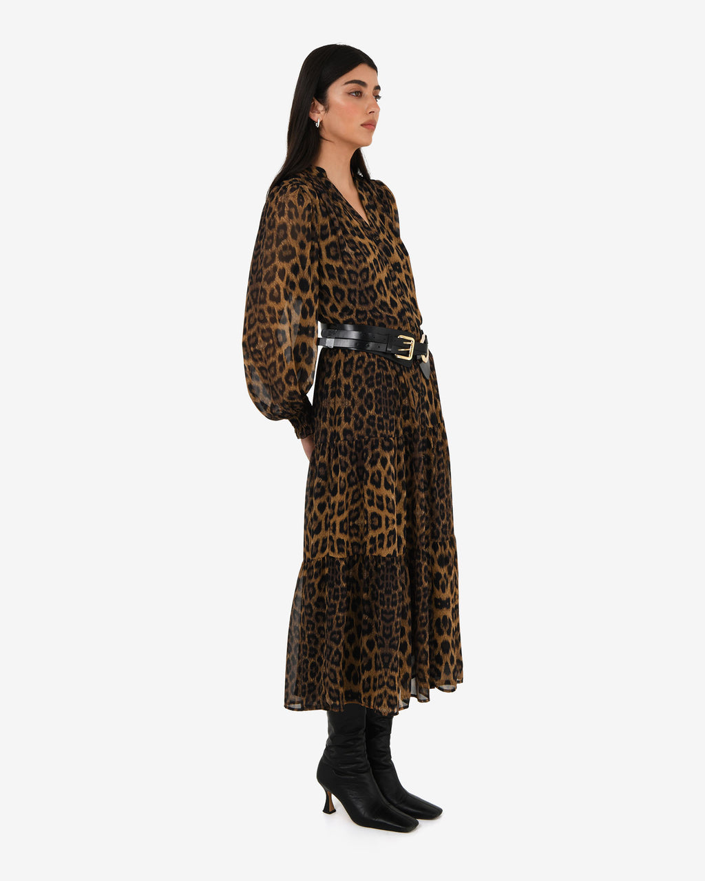 Shakira V-Neck Button Dress in leopard — side view