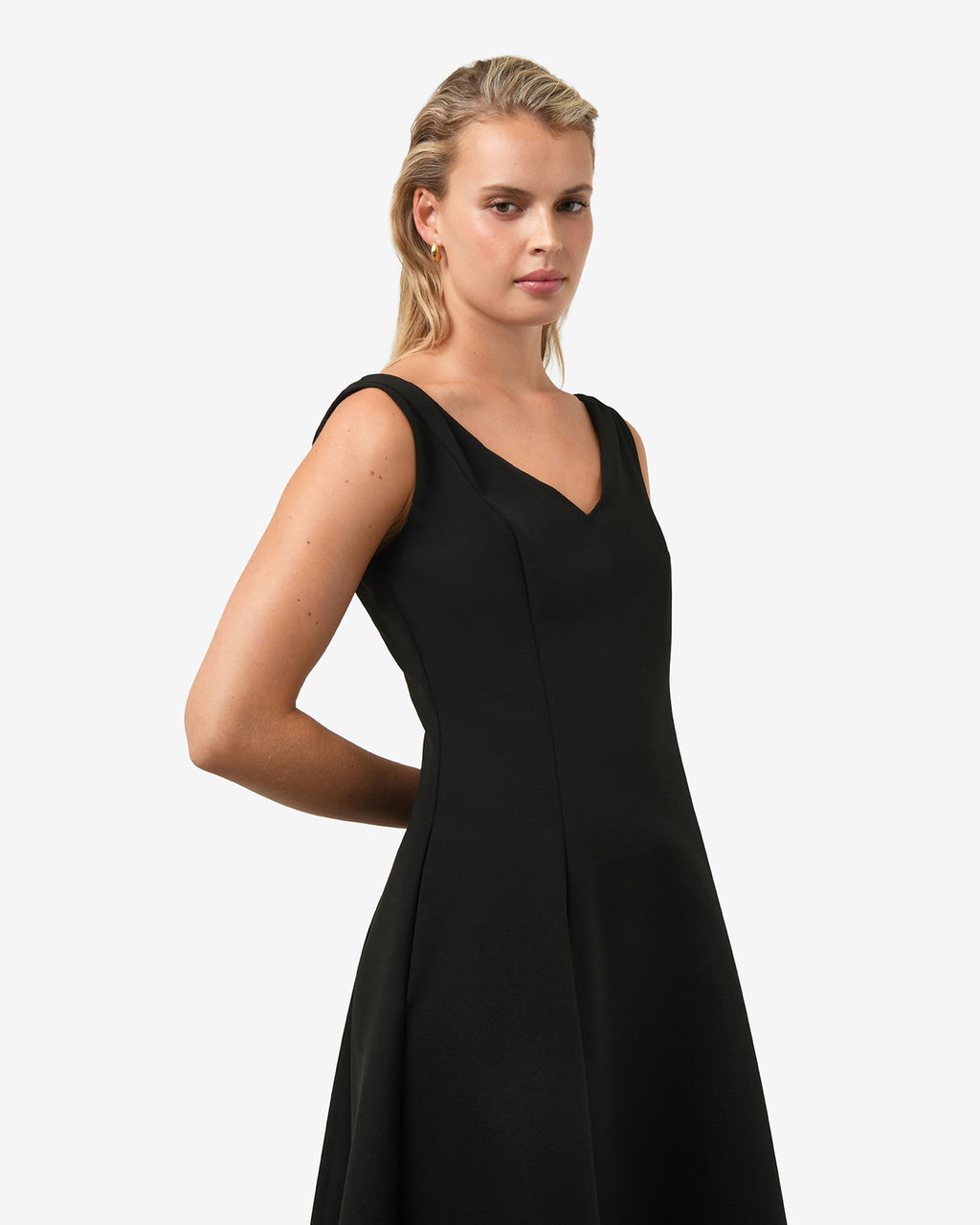 Yana V Neck Panel Dress in black — close-up view