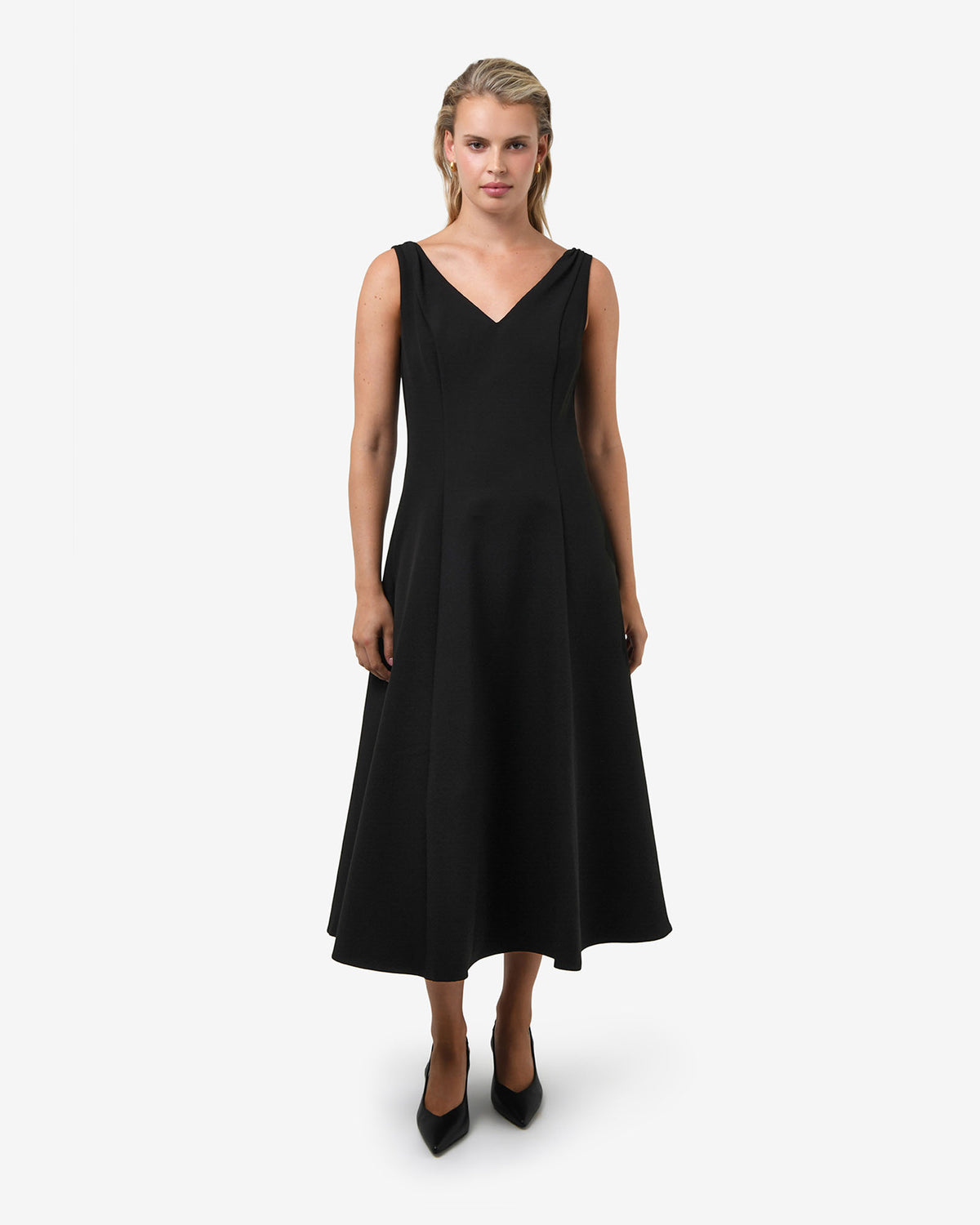 Yana V Neck Panel Dress in black — full-length view
