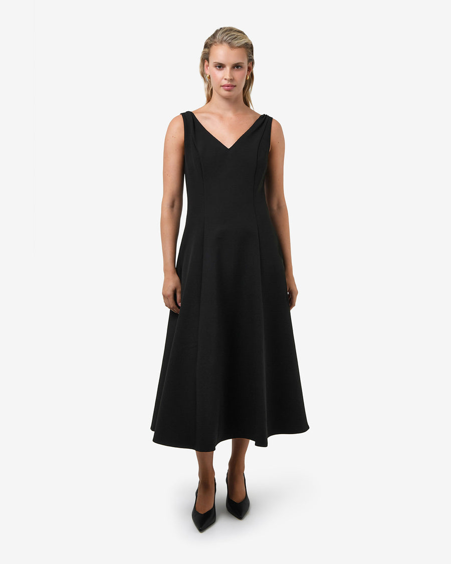 Yana V Neck Panel Dress in black — full-length view