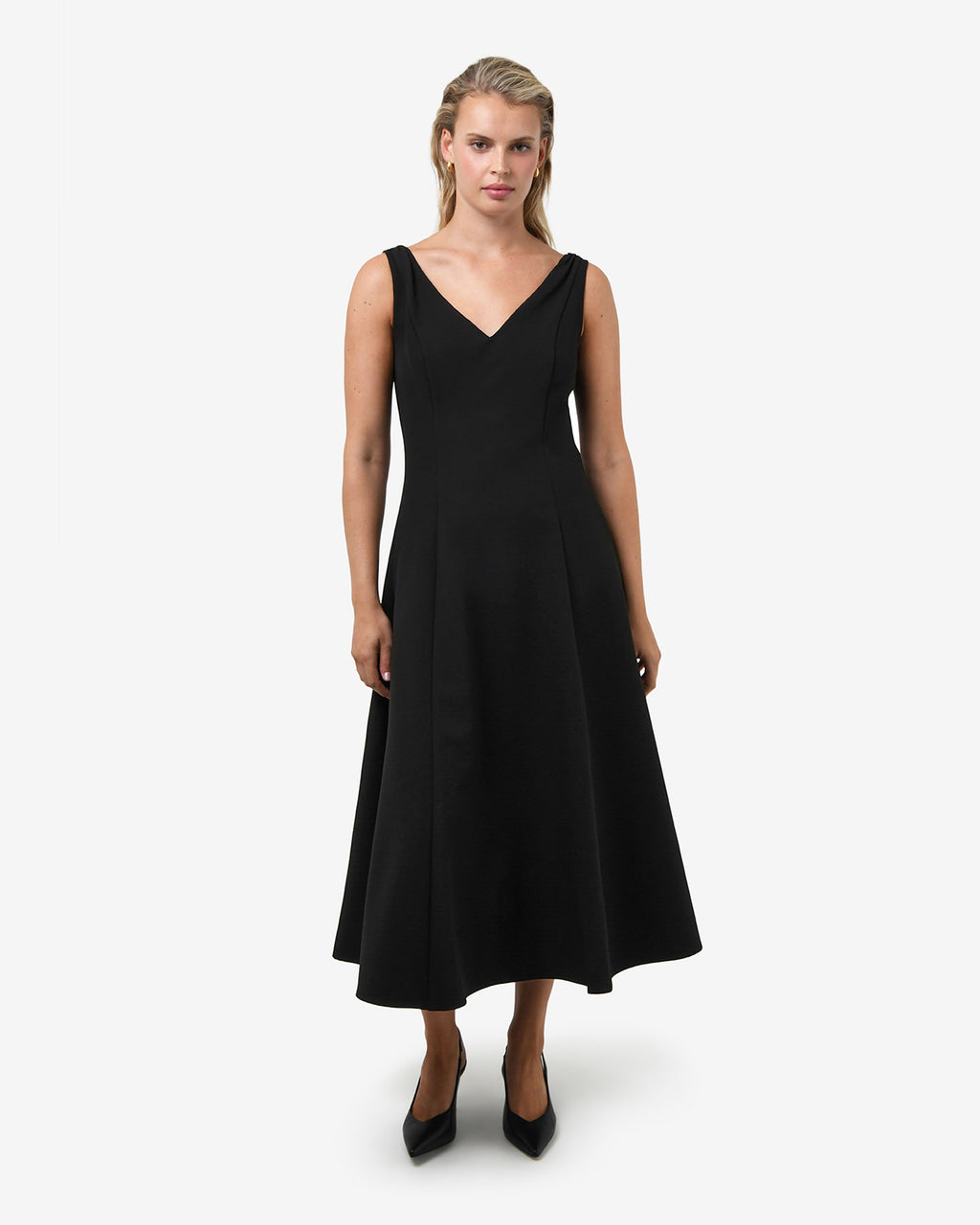 Yana V Neck Panel Dress in black — full-length view 2