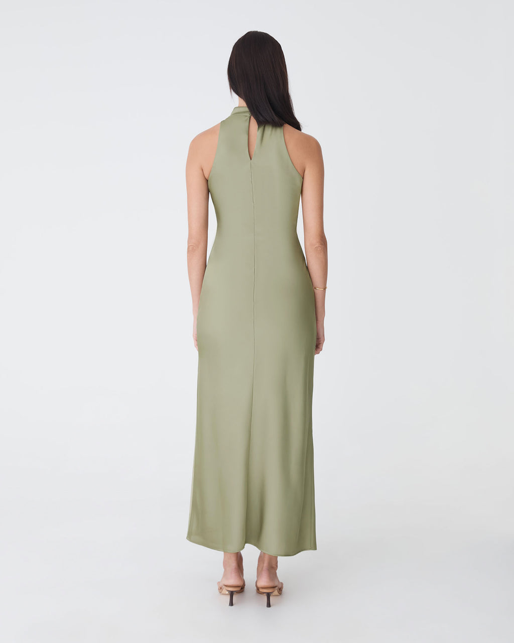 Delilah Bias Satin Dress in olive — back view