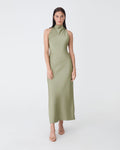 Delilah Bias Satin Dress in olive — full-length view