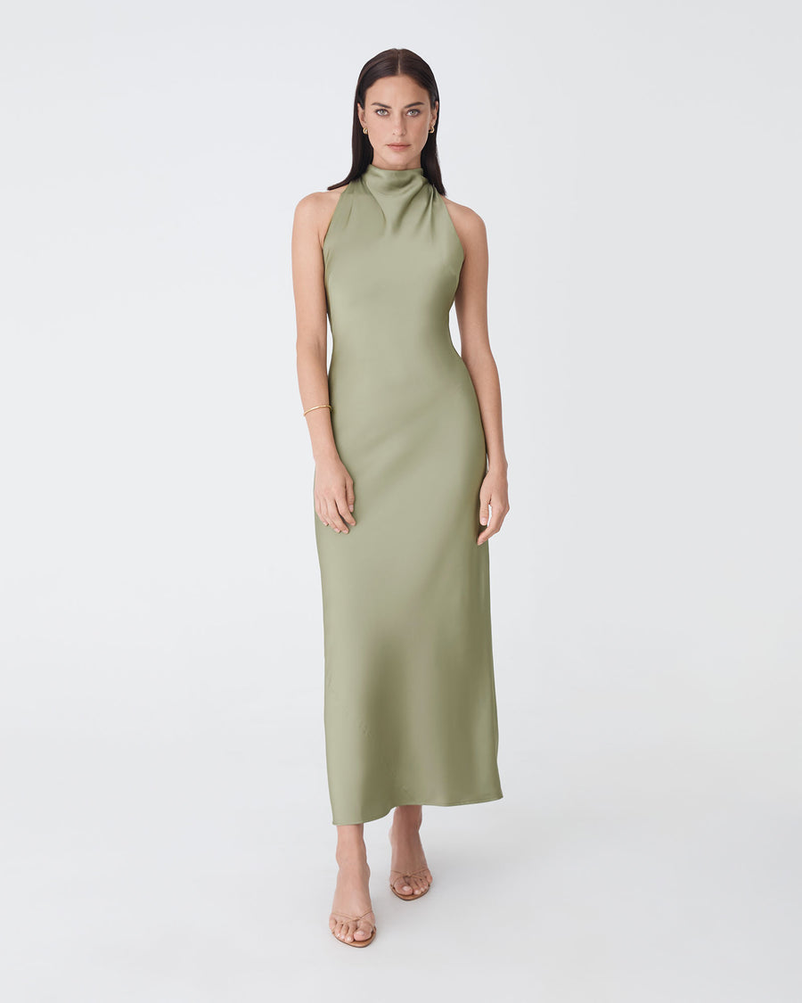 Delilah Bias Satin Dress in olive — full-length view