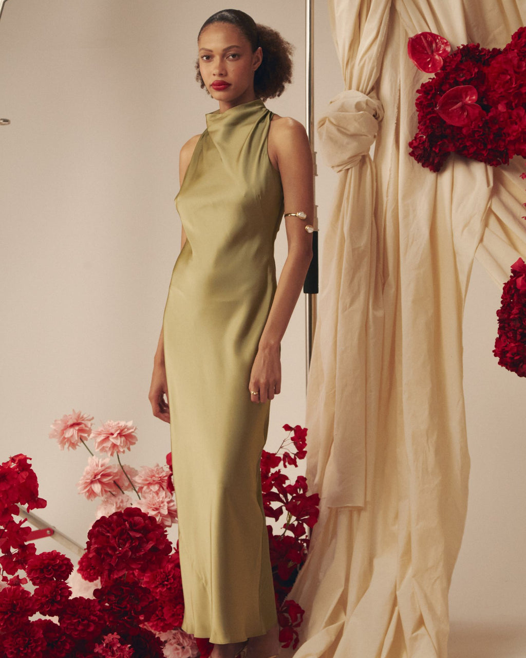 Delilah Bias Satin Dress in olive — alternate view