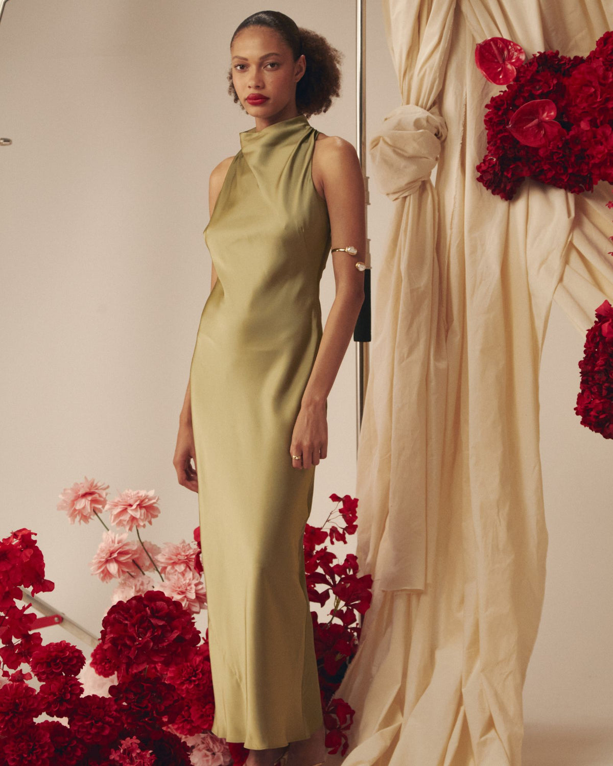 Delilah Bias Satin Dress in olive — alternate view