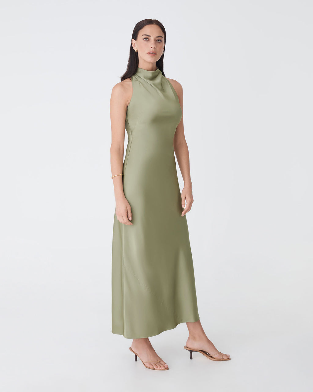 Delilah Bias Satin Dress in olive — side view