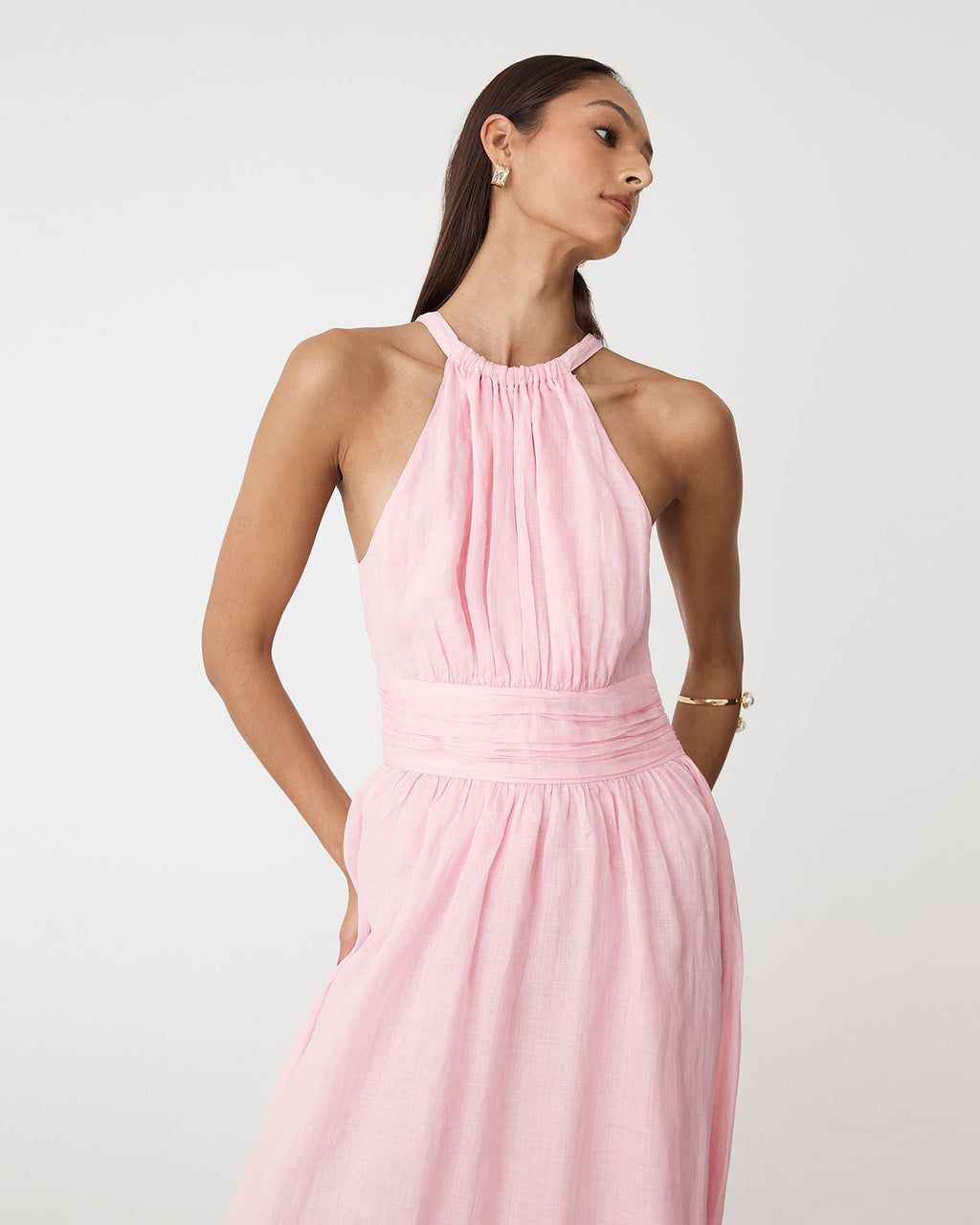 Miami Gathered Neck Hemp Dress in blush pink — close-up view