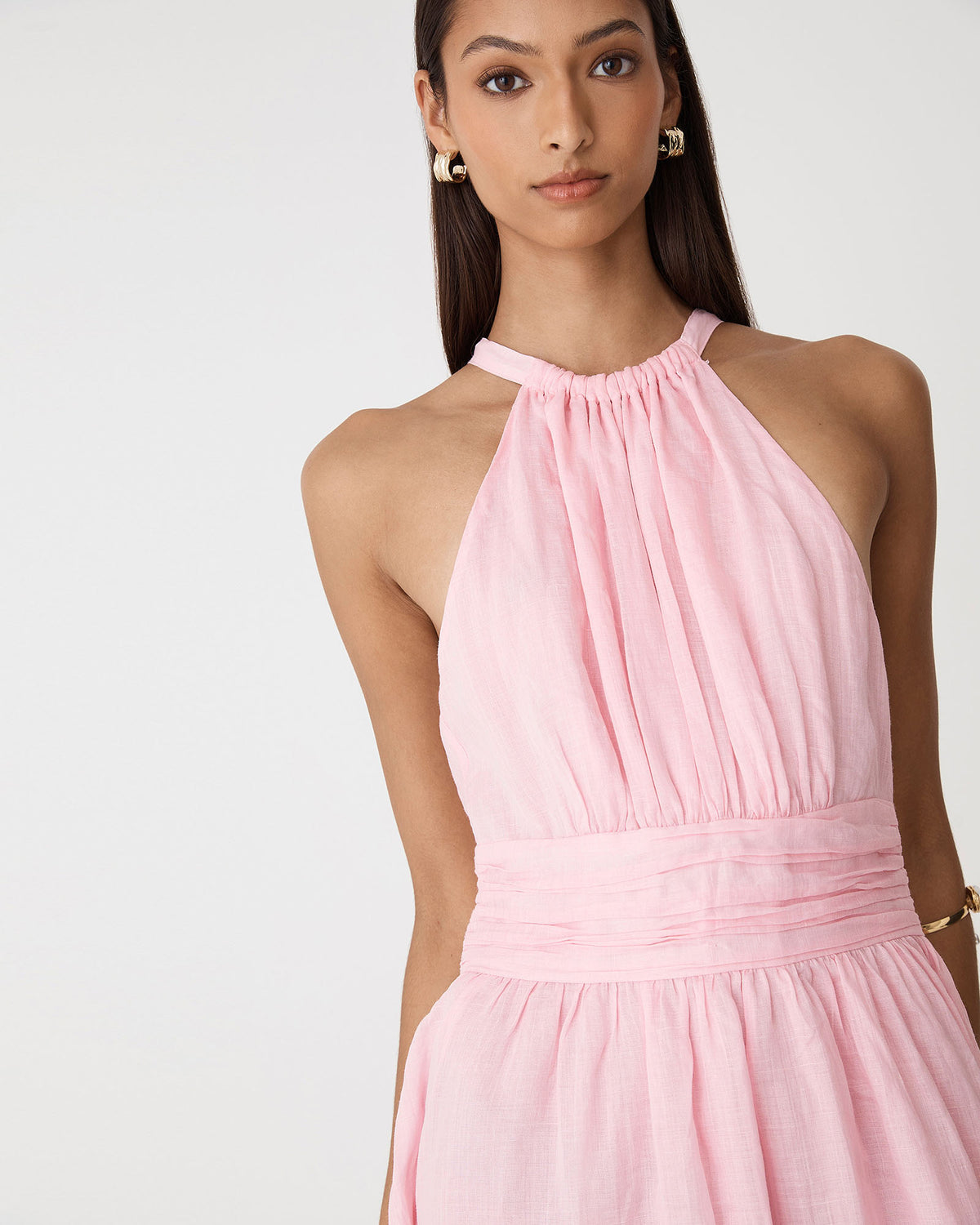 Miami Gathered Neck Hemp Dress in blush pink — fabric detail