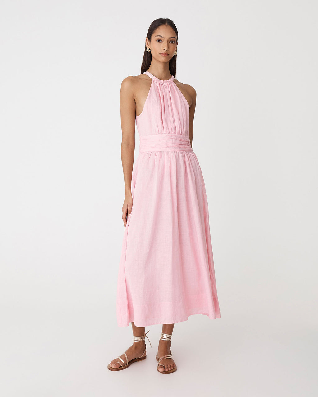 Miami Gathered Neck Hemp Dress in blush pink — full-length view