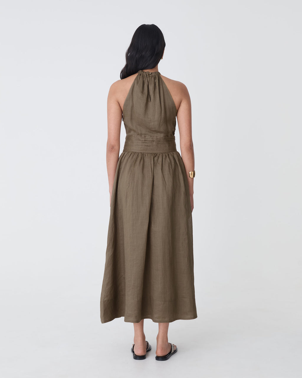 Miami Gathered Neck Hemp Dress in khaki — back view