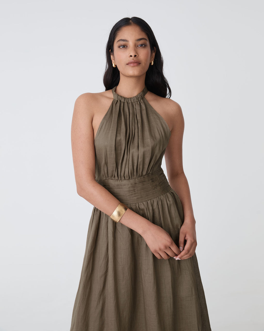 Miami Gathered Neck Hemp Dress in khaki — close-up view