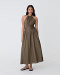 Miami Gathered Neck Hemp Dress in khaki — full-length view