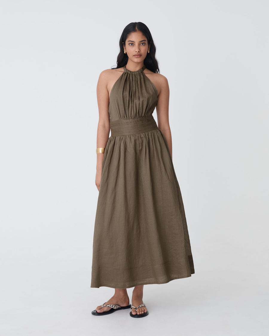 Miami Gathered Neck Hemp Dress in khaki — full-length view