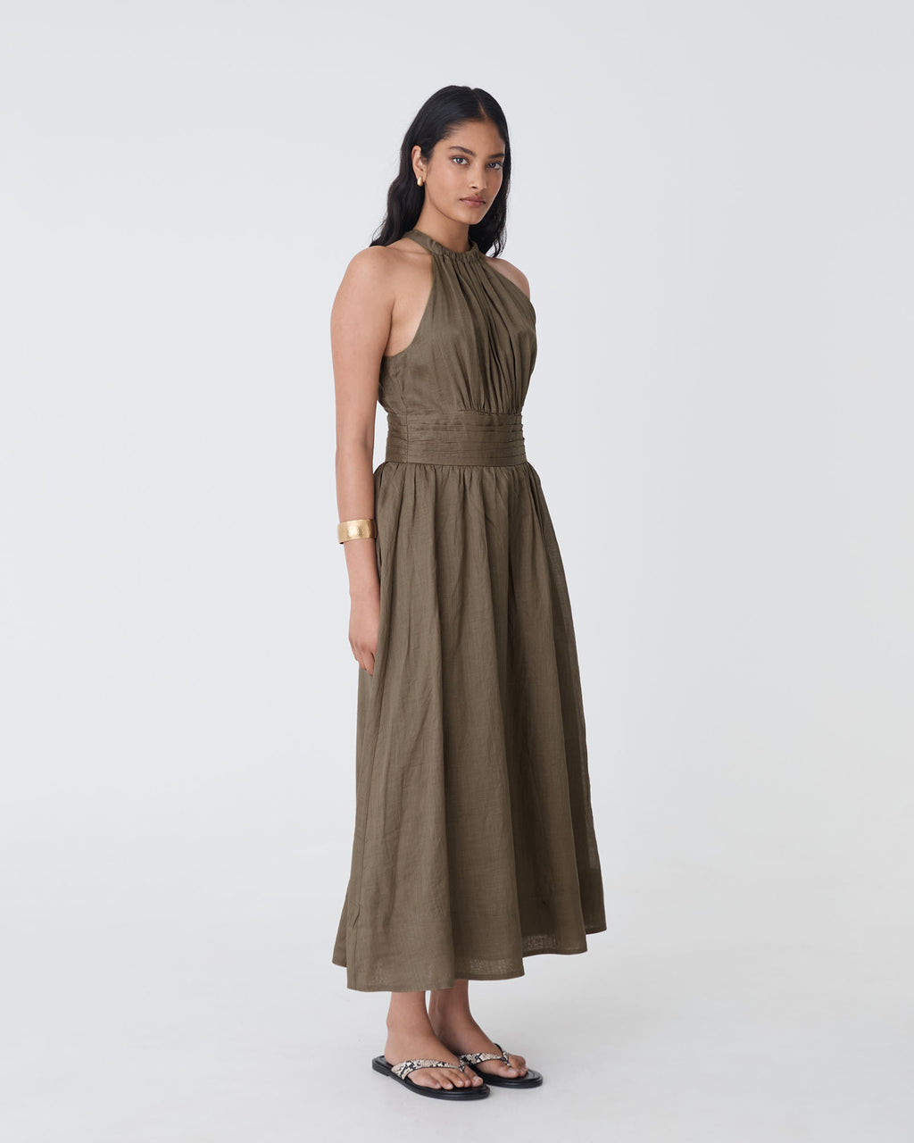 Miami Gathered Neck Hemp Dress in khaki — side view