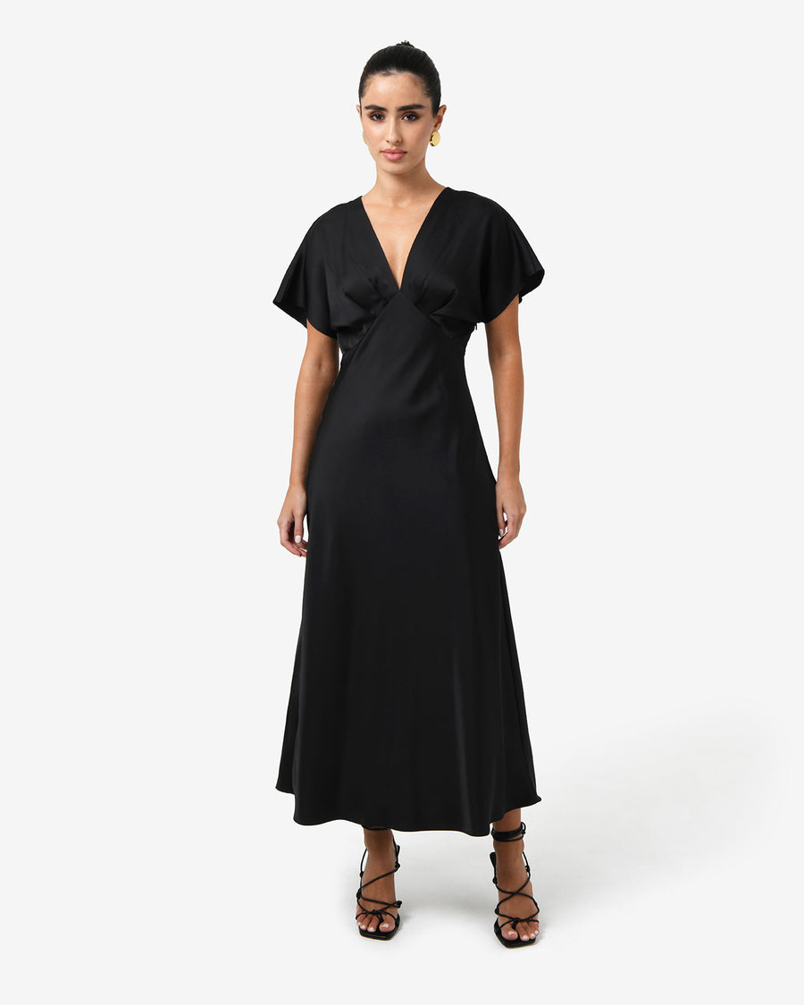 Catalina V-Neck Satin Dress in black — full-length view