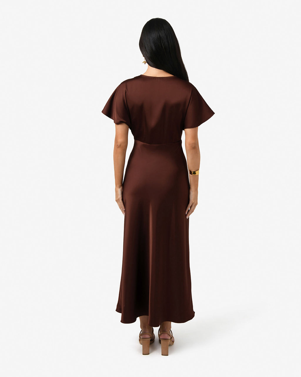 Catalina V-Neck Satin Dress in brick — back view
