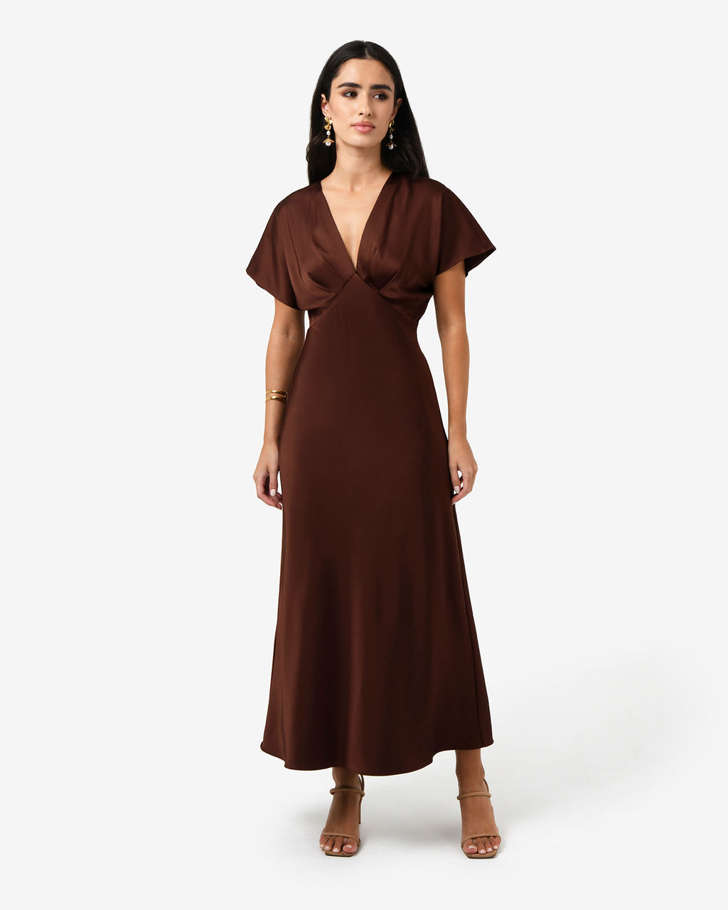 Catalina V-Neck Satin Dress in brick — full-length view