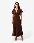 Catalina V-Neck Satin Dress in brick — full-length view