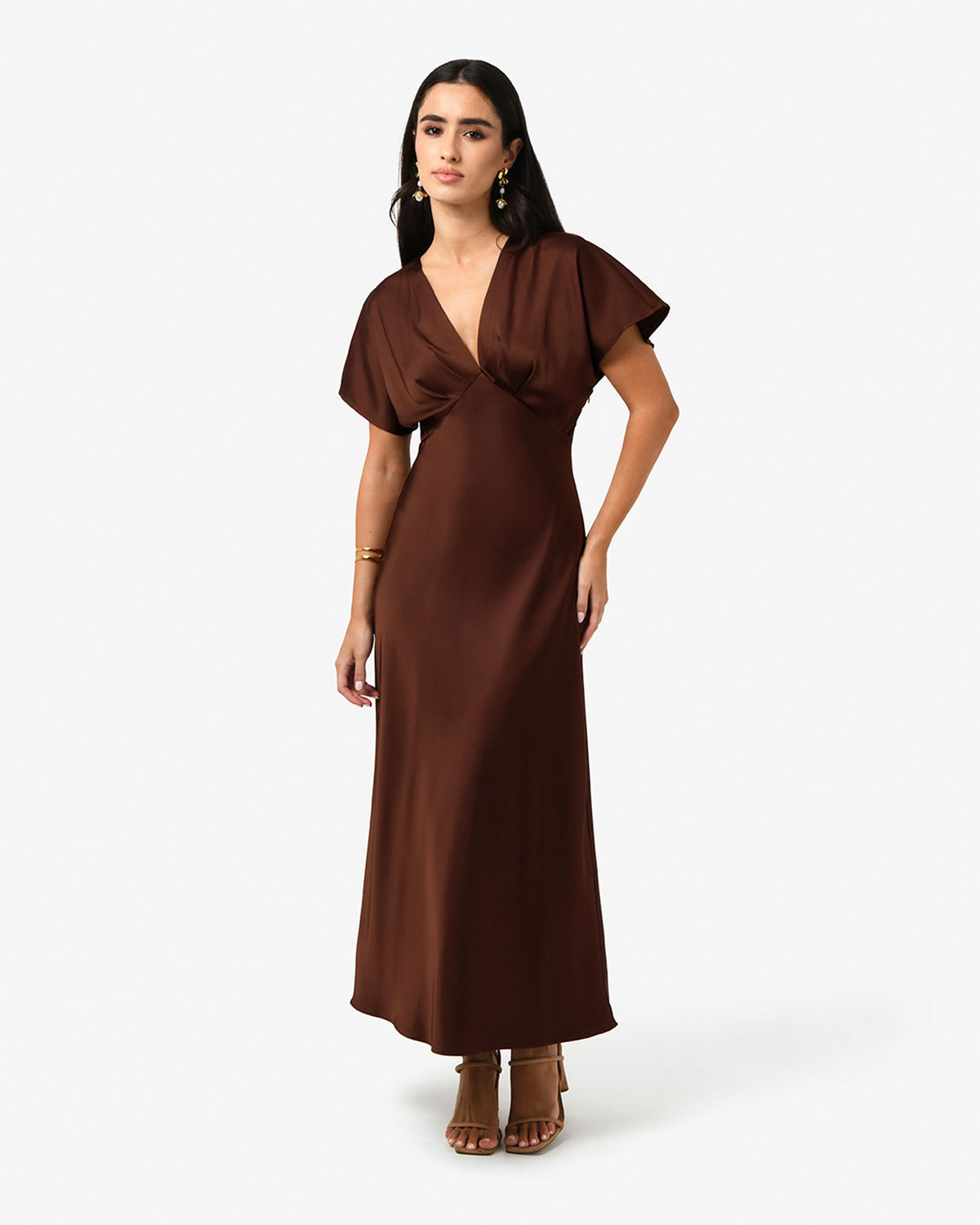 Catalina V-Neck Satin Dress in brick — full-length view 2