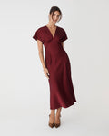 Catalina V-Neck Satin Dress in deep red — full-length view