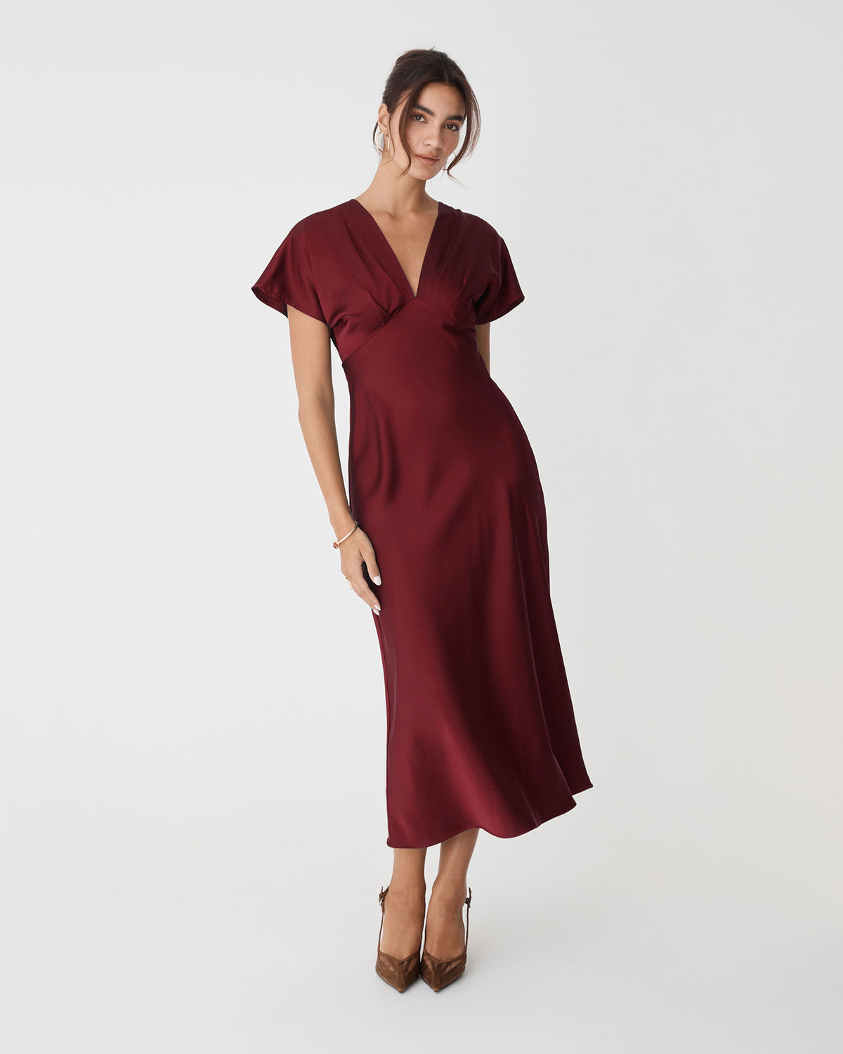 Catalina V-Neck Satin Dress in deep red — full-length view