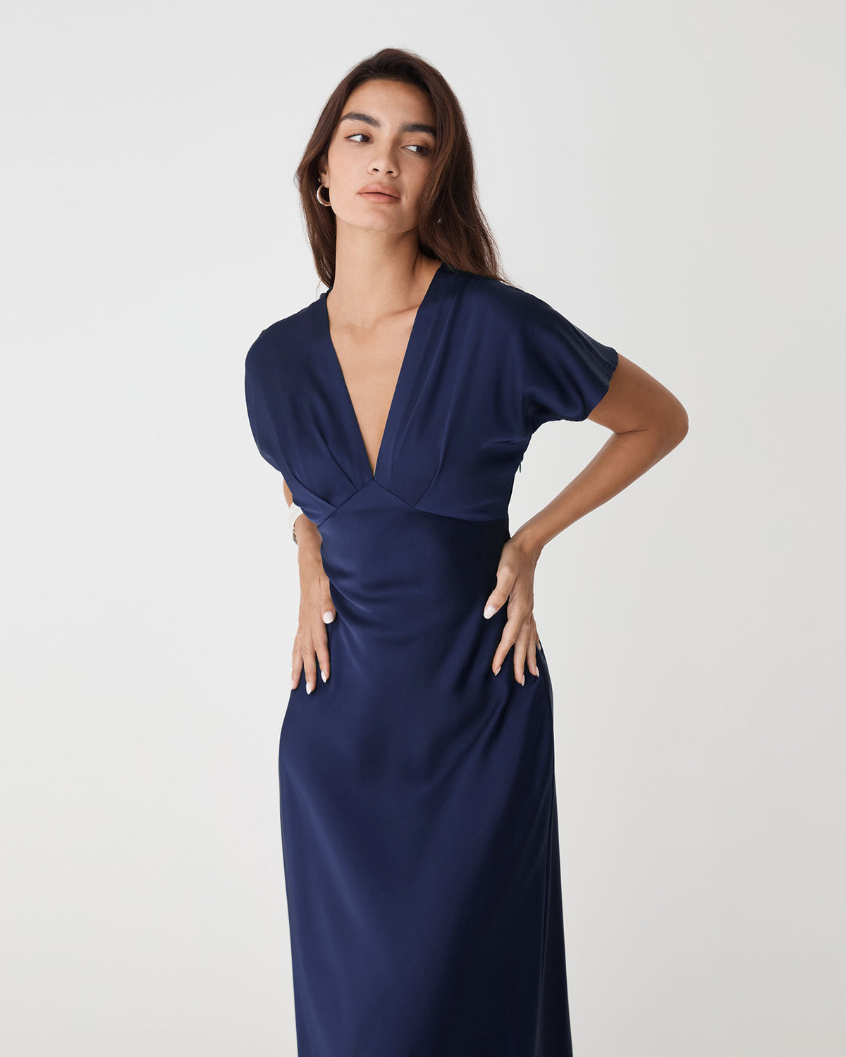 Catalina V-Neck Satin Dress in navy — close-up view 2
