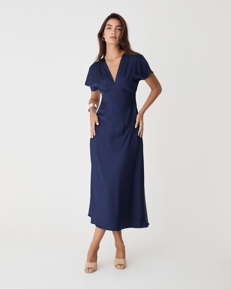 Catalina V-Neck Satin Dress in navy — full-length view