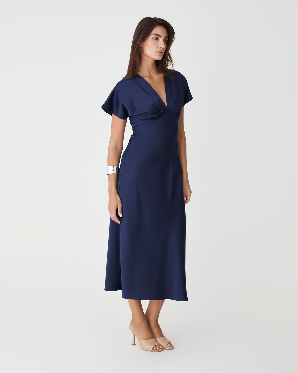 Catalina V-Neck Satin Dress in navy — side view