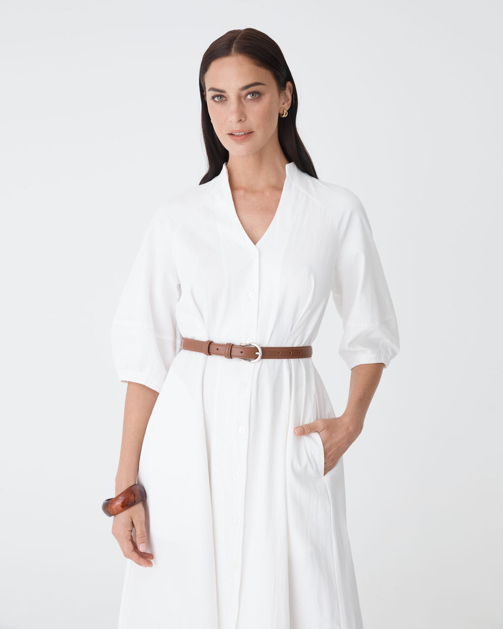 Lyn Lantern Sleeve Shirt Dress in ivory — close-up view