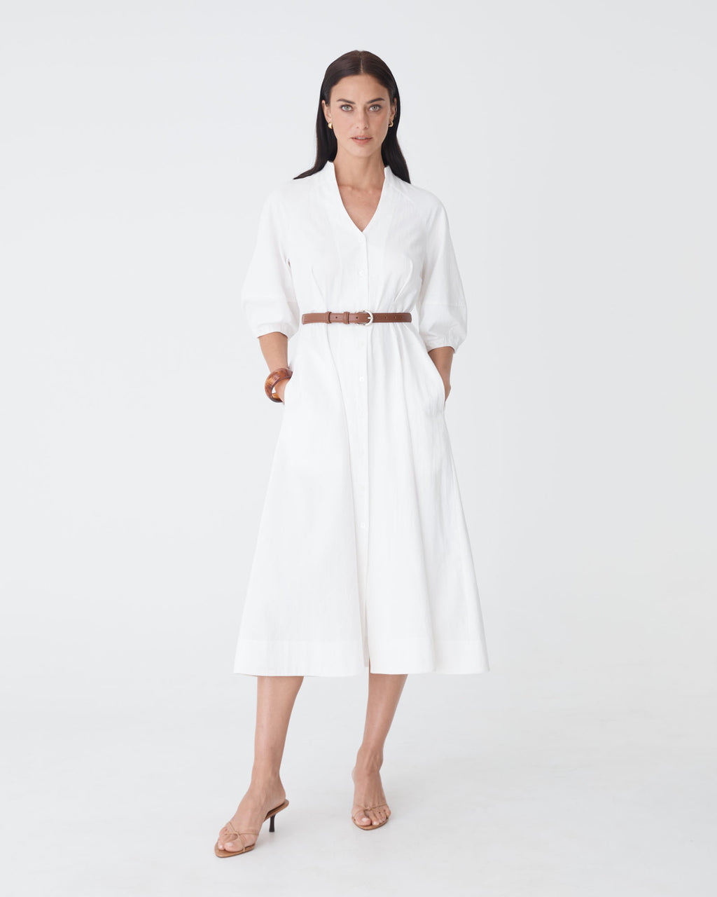Lyn Lantern Sleeve Shirt Dress in ivory — full-length view