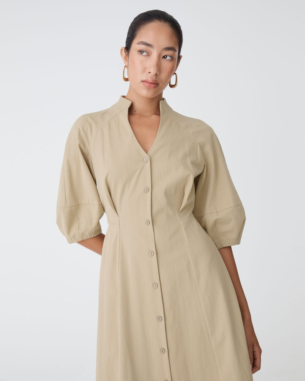 Lyn Lantern Sleeve Shirt Dress in sand — close-up view