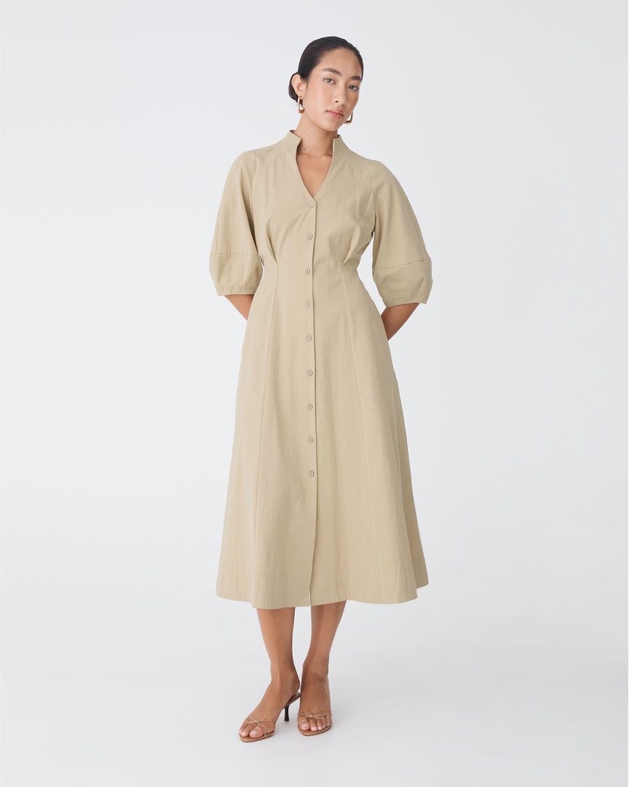 Lyn Lantern Sleeve Shirt Dress in sand — full-length view