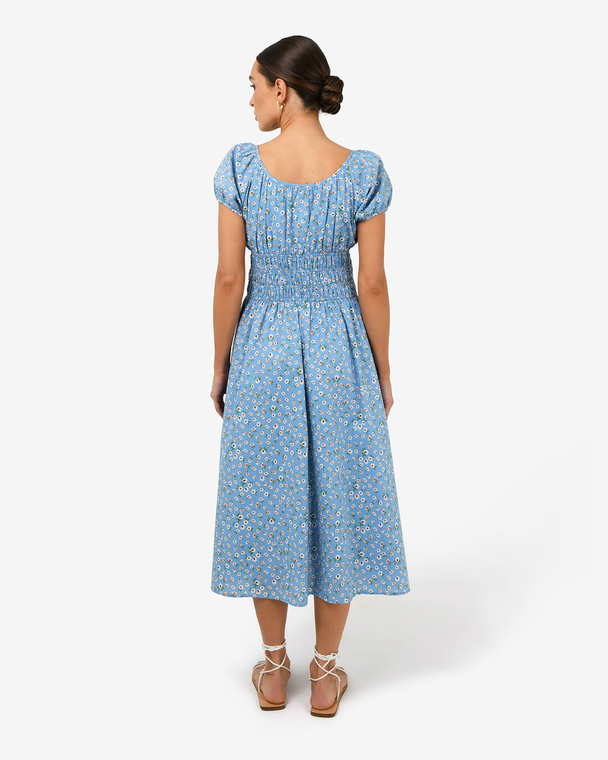 Alisa Shirred Midi Dress in blue ditsy — back view