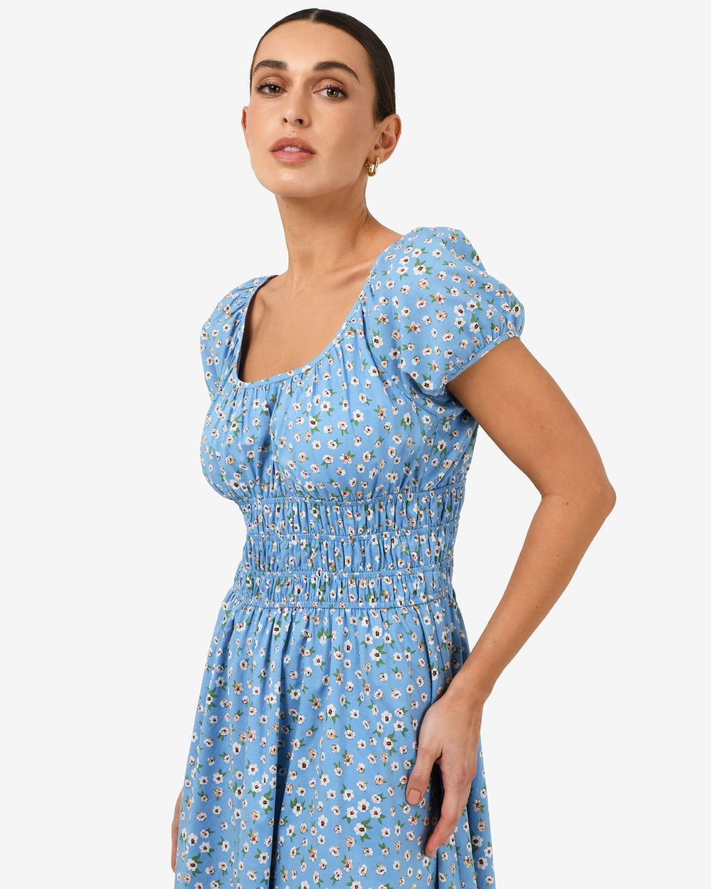 Alisa Shirred Midi Dress in blue ditsy — fabric detail