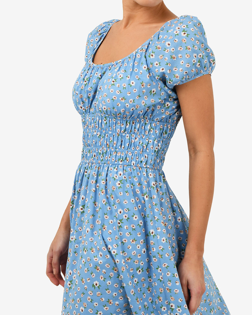 Alisa Shirred Midi Dress in blue ditsy — fabric detail 2