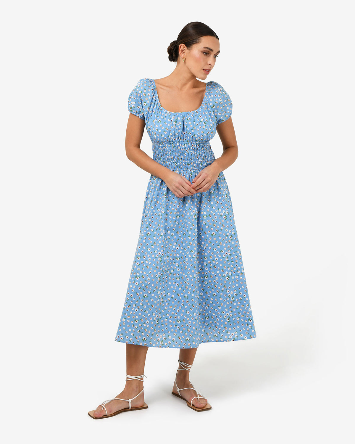 Alisa Shirred Midi Dress in blue ditsy — full-length view 2