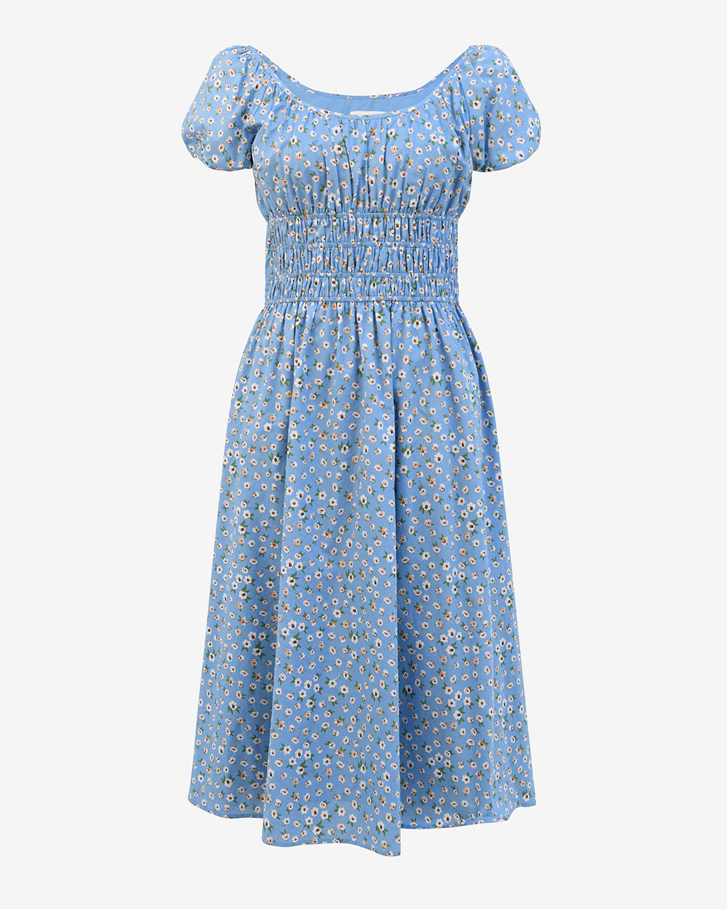 Alisa Shirred Midi Dress in blue ditsy — product-only view
