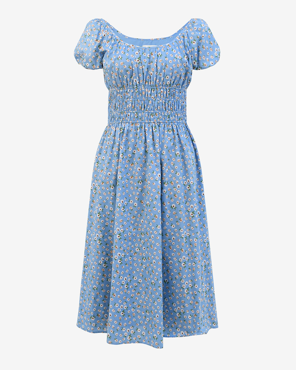 Alisa Shirred Midi Dress in blue ditsy — product-only view