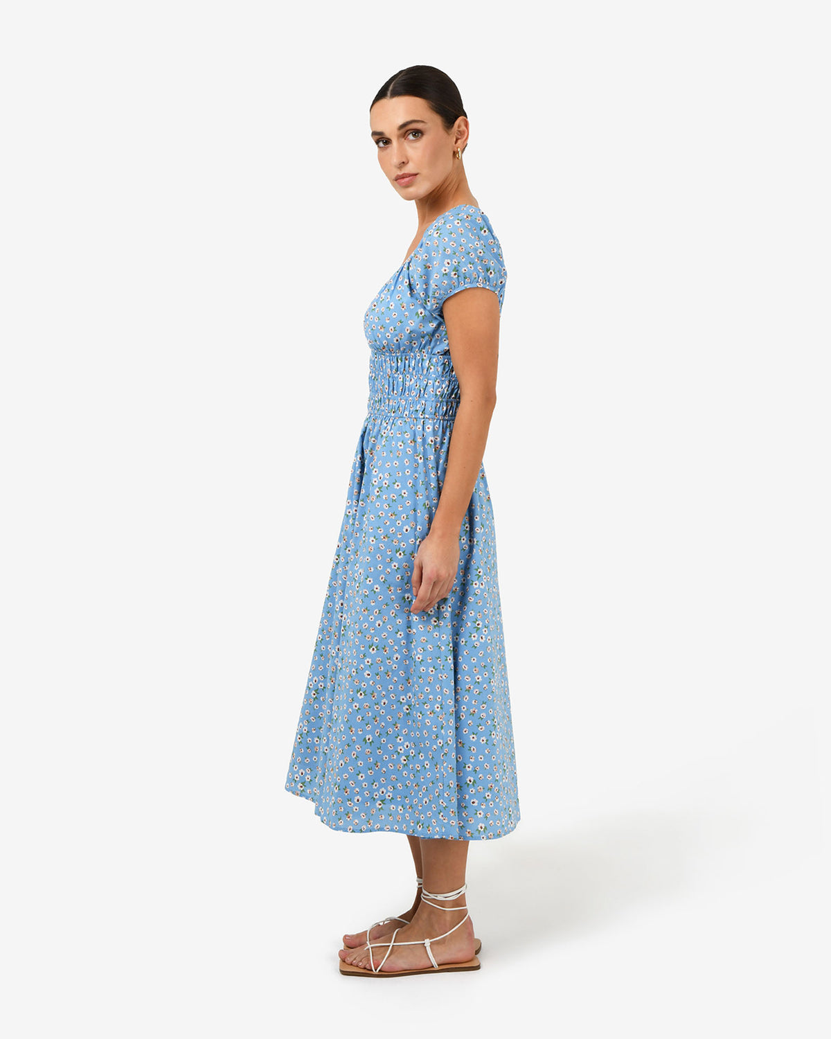 Alisa Shirred Midi Dress in blue ditsy — side view