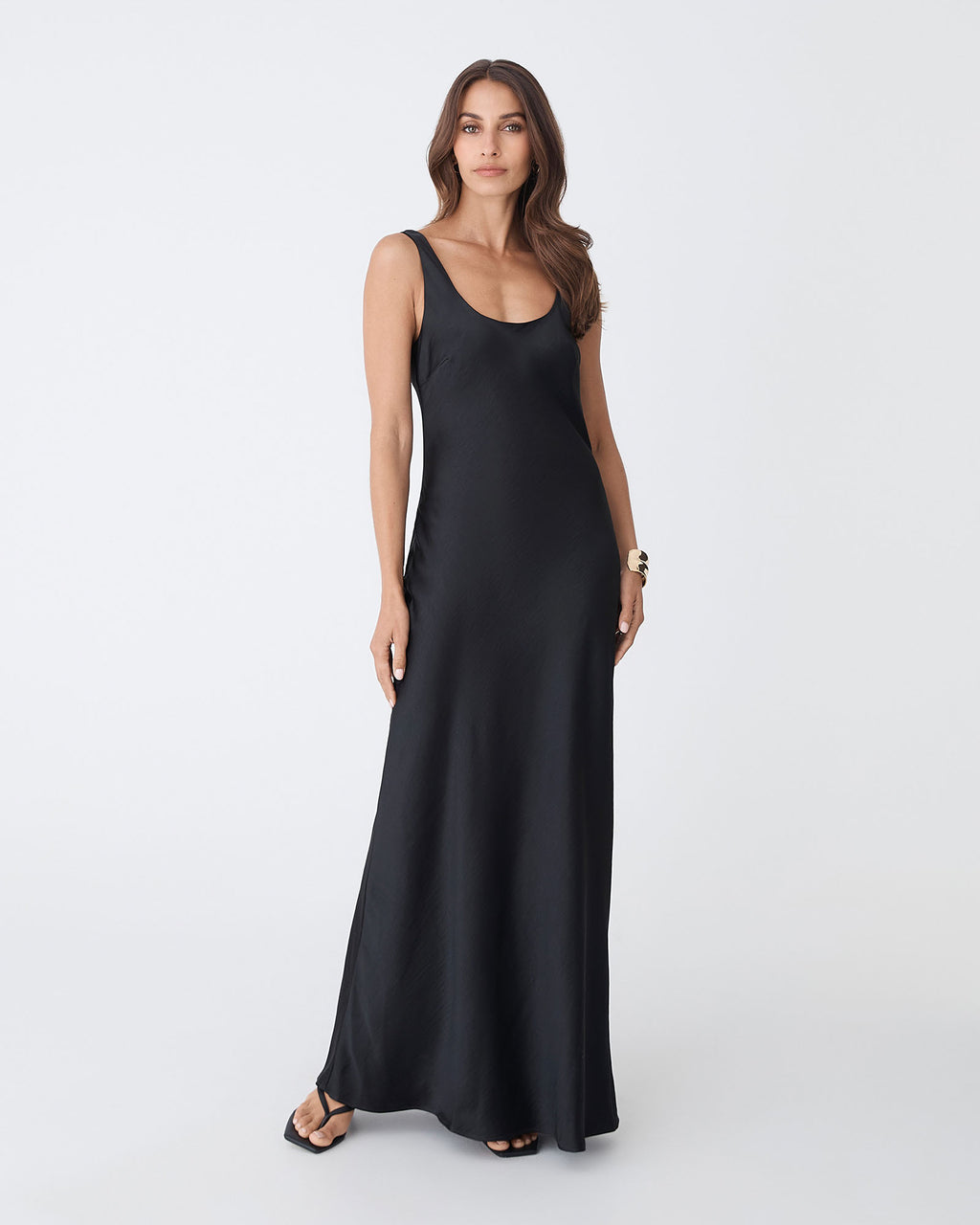 Calliope Bias Cut Slip Dress in black — full-length view