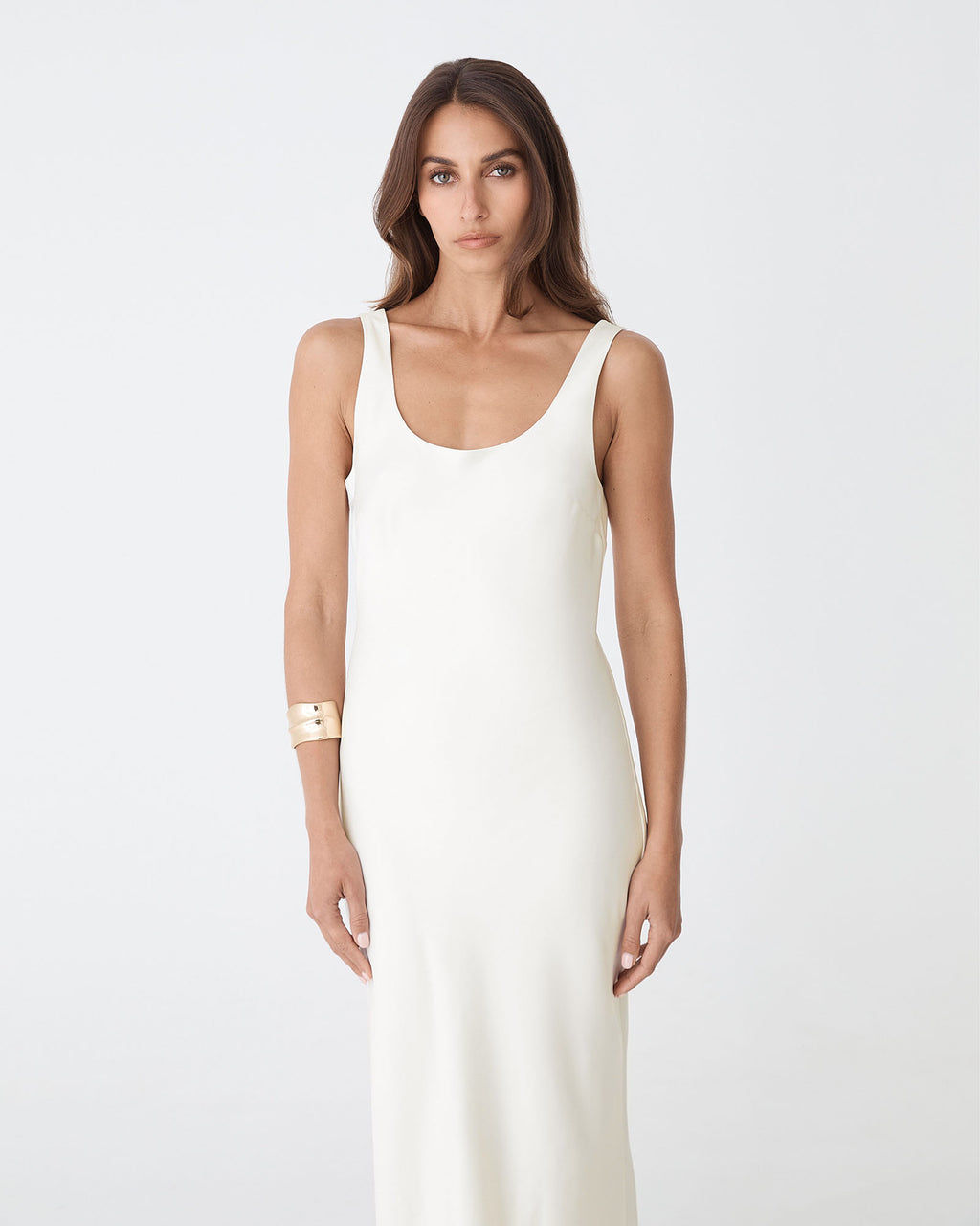 Calliope Bias Cut Slip Dress in ivory — close-up view