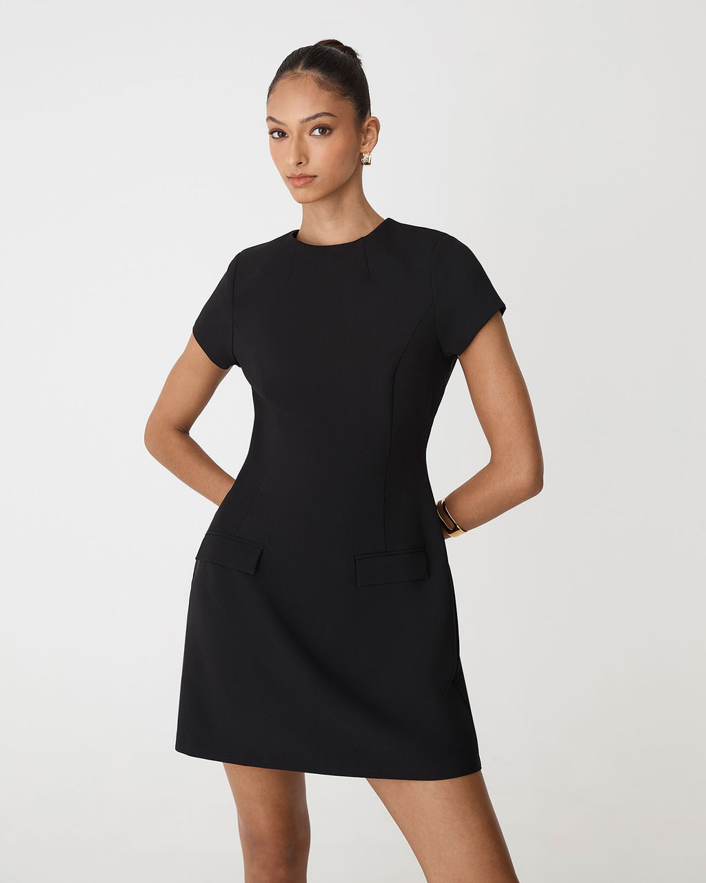 Hannah Tailored Mini Dress in black — close-up view