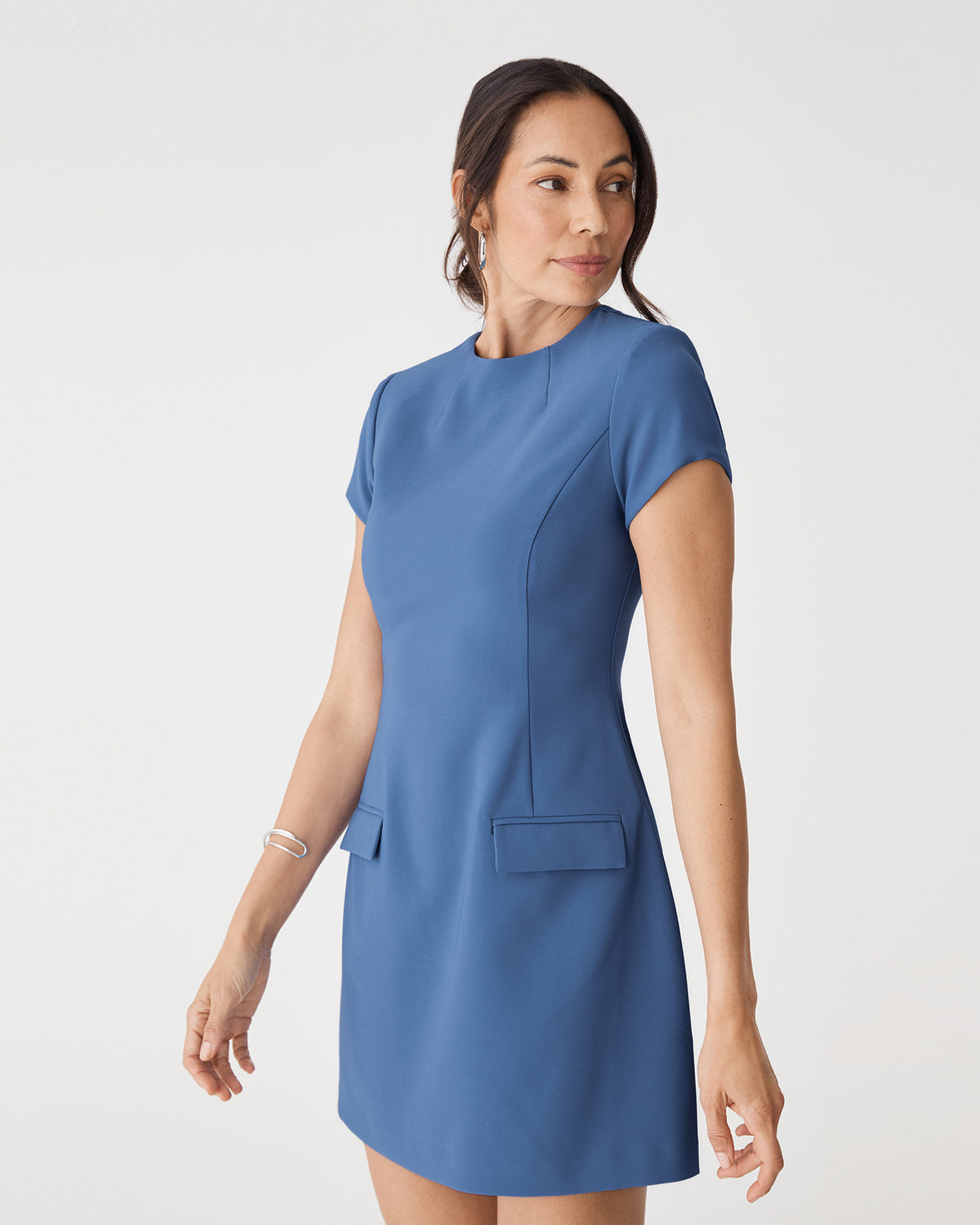 Hannah Tailored Mini Dress in dusty blue — side view 2