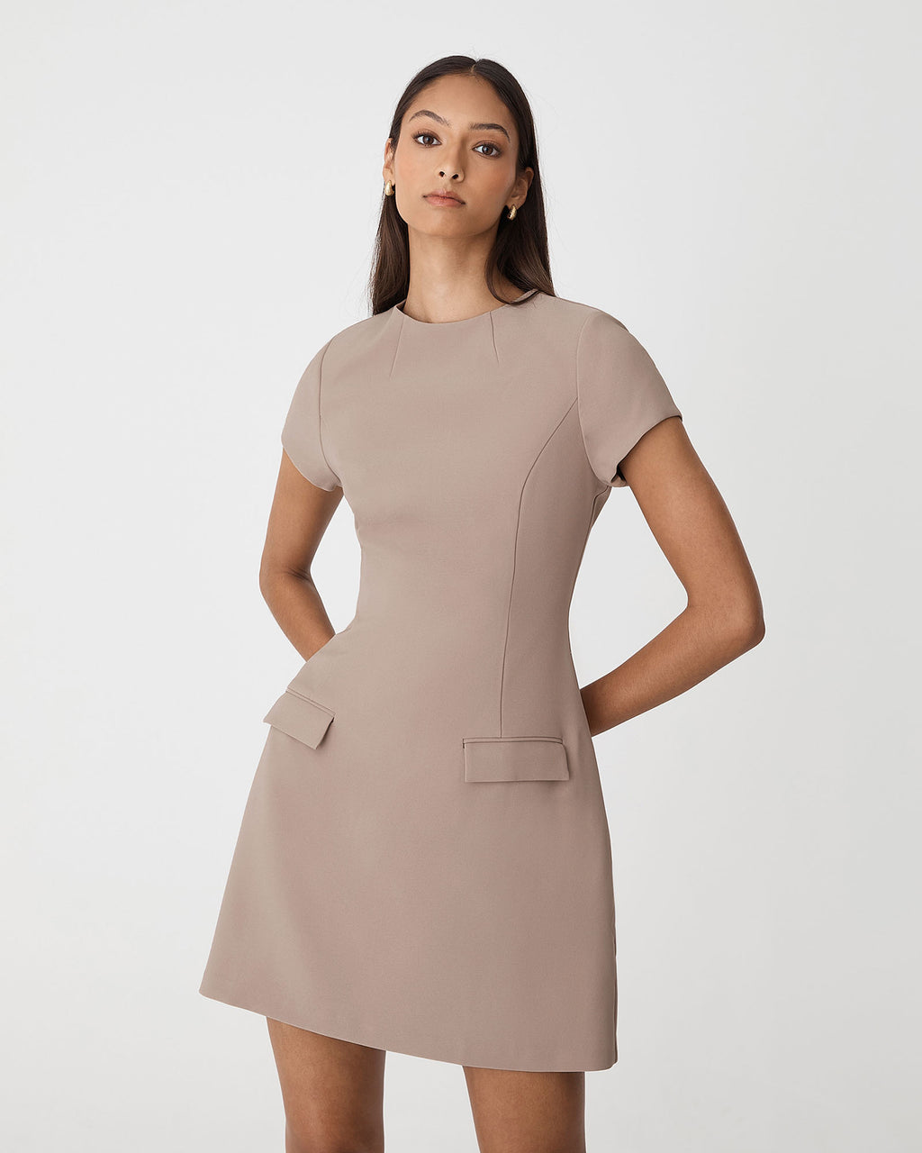 Hannah Tailored Mini Dress in mocha — close-up view