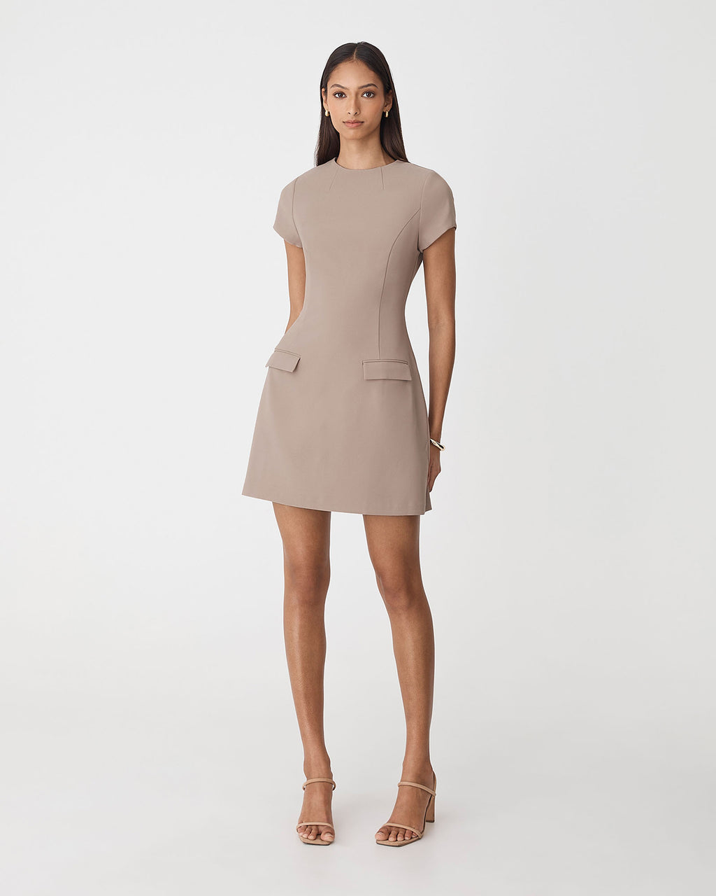 Hannah Tailored Mini Dress in mocha — full-length view